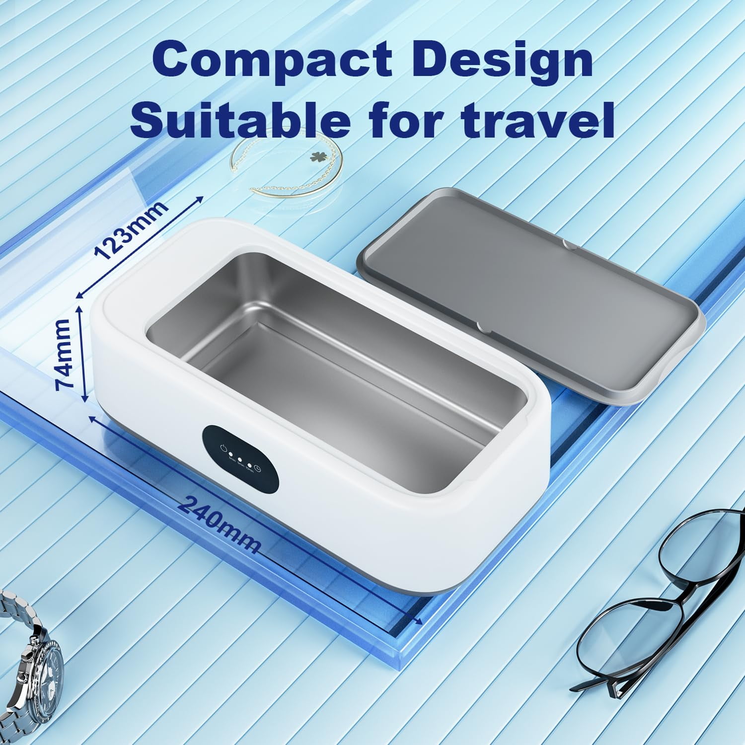 Ultrasonic Jewelry Cleaner for Eyeglasses, Rings, Watches, Dentures, Retainer, Razors, 49KHz Timer Cleaning Machine with 3 Timer Modes, Portable Cleaning Machine, Digital Display