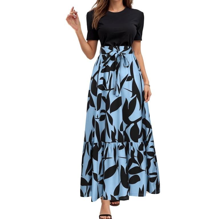 vigerkar Womens Boho Maxi Dresses 2025 Floral Print Summer Flowy A-Line  Style Short Sleeve Dress with Belt Blue, L - Walmart.com