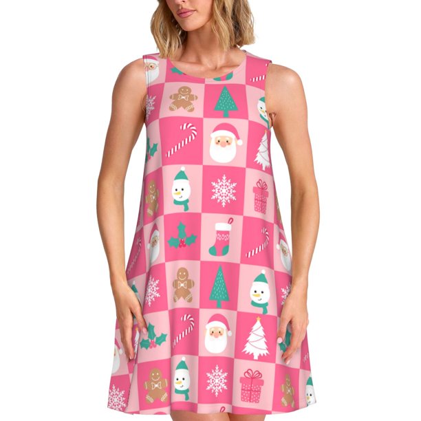 Fotbe Pink Christmas Cheer Vestido de Verano sin Mangas para Mujer – Vestido Midi Línea A, Estilo Camiseta Floral, Vestido Playero Casual y Fluido