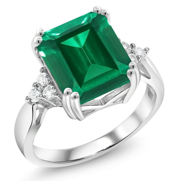 Gem Stone King 925 Sterling Silver Green Simulated Emerald Engagement Ring for Women (5.66 Cttw, Emerald Cut 12X10MM, Available in Size 5, 6, 7, 8, 9)