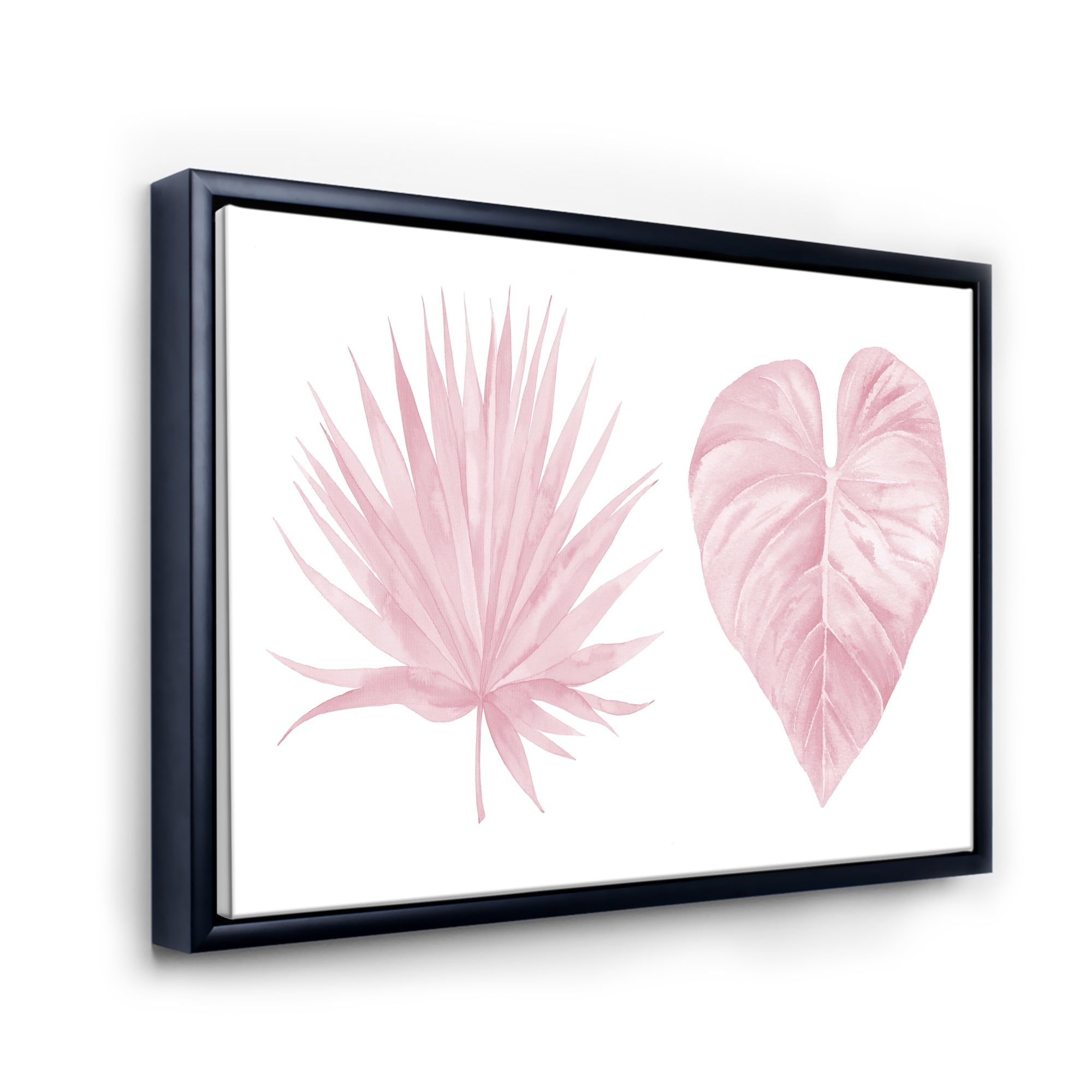Designart 'Tropical Pink Watercolour Leaves On White II' Shabby Chic Framed Canvas Wall Art Print