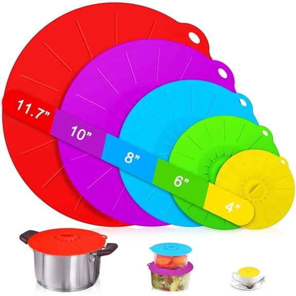 Silicone lids - 5 Pack Heat Resistant Microwave Splatter Cover, Reusable silicone Suction lids food storage Fits Bowls, Cups, Skillets, Plates, Pots, Pans StoveTop, Oven, Fridge Safe