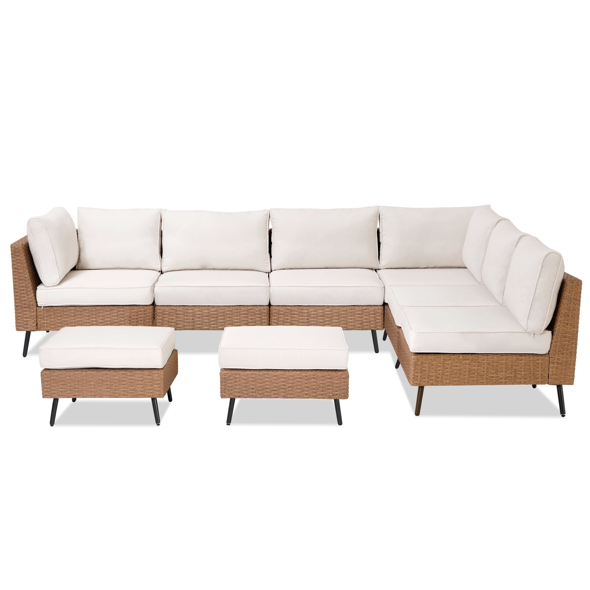 LAUSAINT HOME 8 Pieces Outdoor Furniture Set, Patio Rattan Wicker Sectionals with 6 Chairs and 2 Ottomans, Beige Cushions
