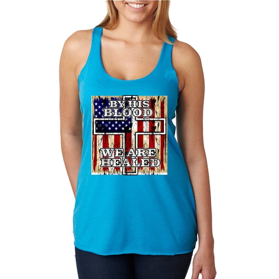 By His Blood We Are Healed Inspirational/Christian Tri-Blend Racerback Tank Top, Vintage Turquoise, Large