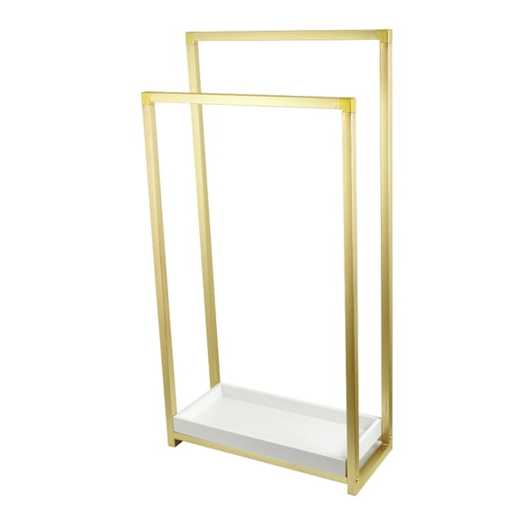 Kingston Brass SCC8267 Edenscape 33-5/8 Inch Freestanding Pedestal 2-Tier Towel Rack with Wooden Shelf in Brushed Brass
