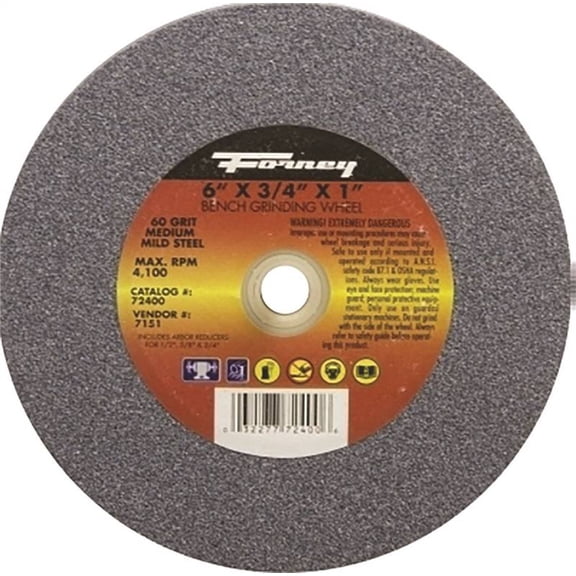 Forney Bench Grinder Wheel, Type 1, 60 Grit - 6" x 3/4" x 1" arbor hole w/adapters for 1/2", 5/8" & 3/4"