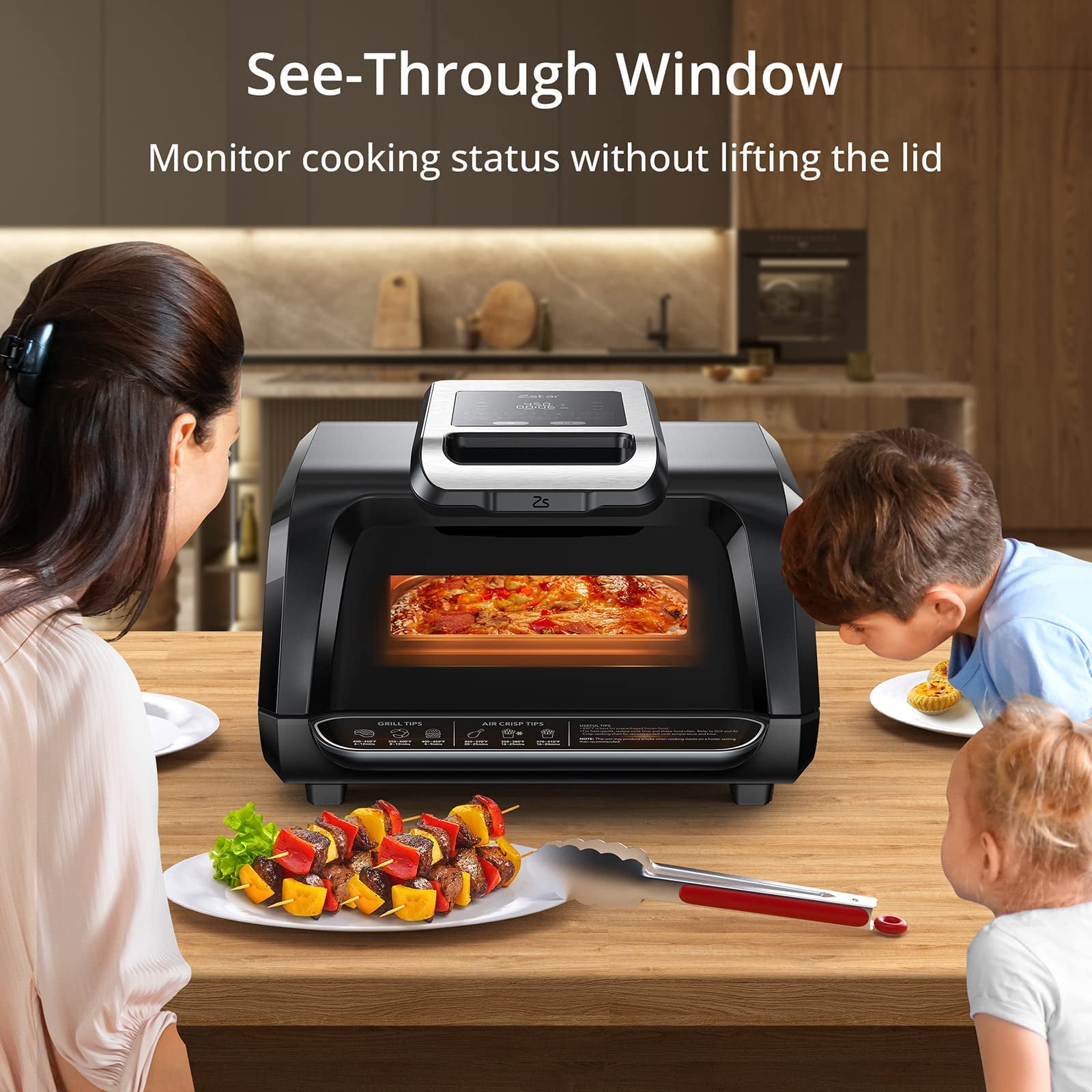 Soonbuy Electric Grill, 7-in-1 Indoor Smokeless Grill Air Fryer Combo, 1750w Contact Grill with Non-Stick Removable Plates, Viewing Window, Adjustable 450°f Temperature, Family 4QT, Roast, Dehydrate