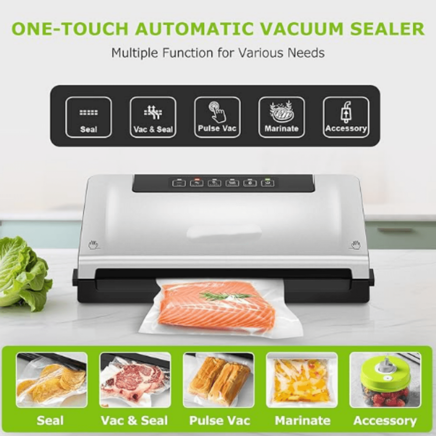Food Vacuum Sealer Machine with External Vac Function, Built-in Cutter & Bag Storage, 5 Modes for Various Food Types, Includes 10 Bags & 1 Roll (Silver)