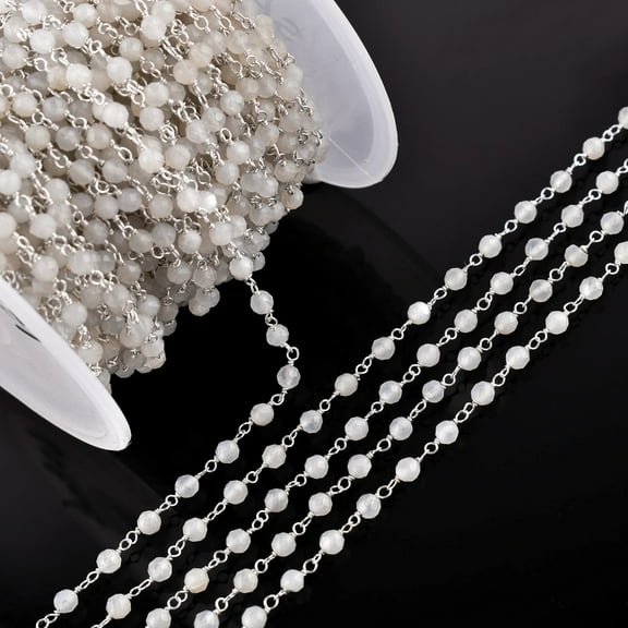 QNAVIC Natural White Moonstone Gemstone Handmade Beaded Stone Rosary Chains with 3mm Beads Jewelry Making DIY Accessories 925 Sterling Silver Rosary Chain Hand Craft (1 feet)