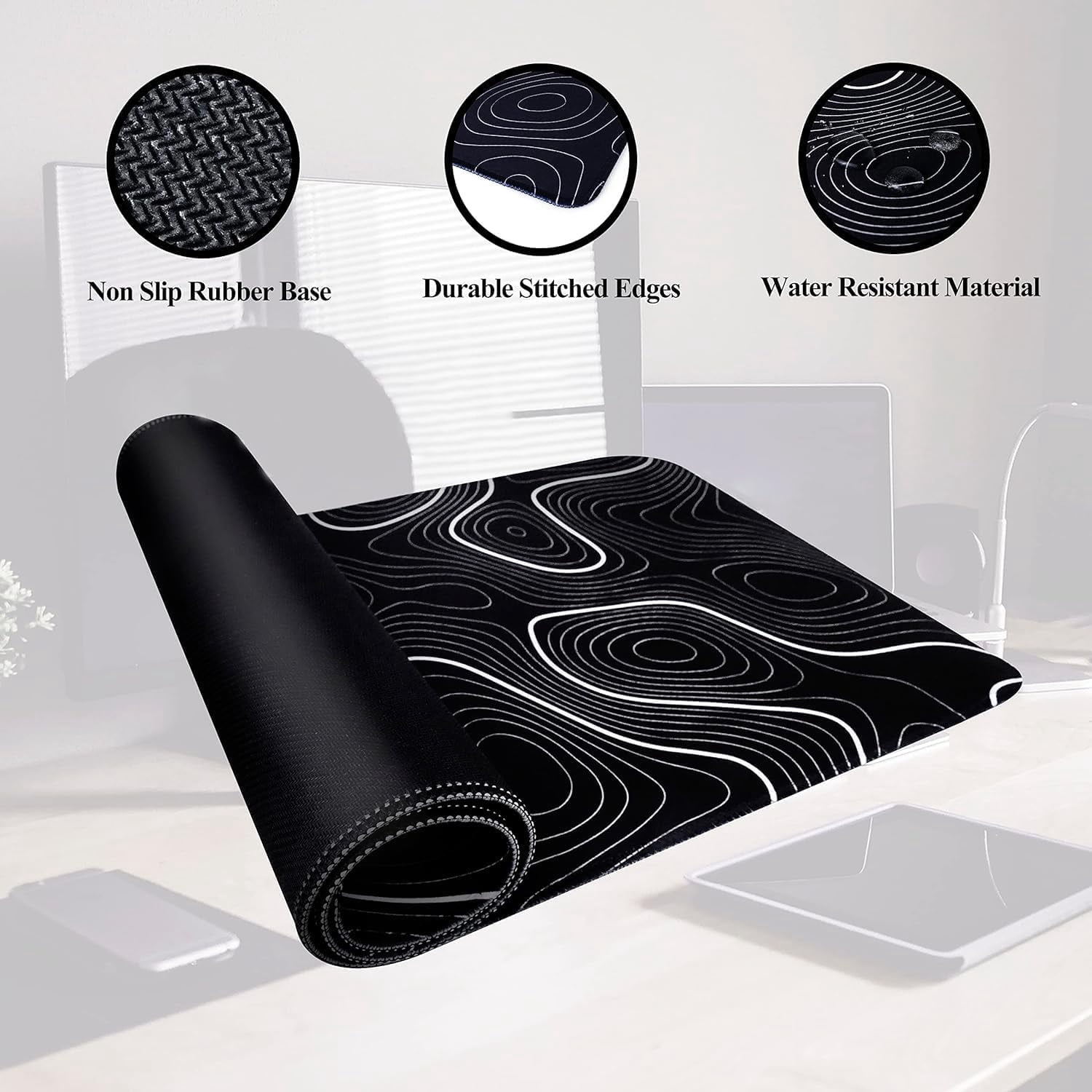 XXL Extended Topographic Gaming Mouse Pad Minimalist Black Map Desk Pads Contour Lines Large Mouse Mat Stitched Edges Desktop Mousepad with Non-Slip Base(Size:35.4x15.7in)