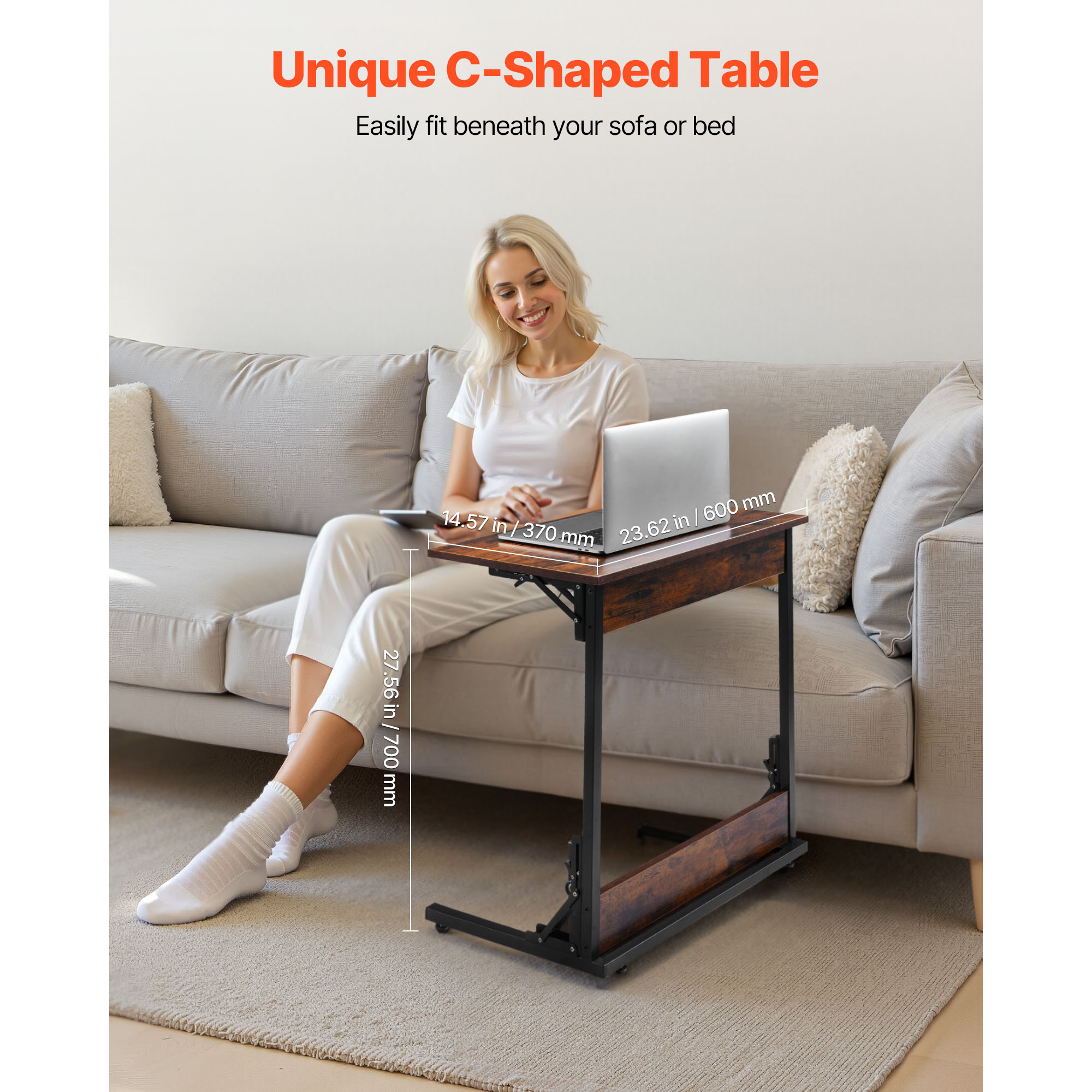 KFFKFF Folding C-Shaped End Table with Metal Frame & Adjustable Feet, Compact Foldable Side Table for Living Room, Bedroom, or Office, 23.62 x 14.57 x 27.56 inch TV Tray, Brown and Black