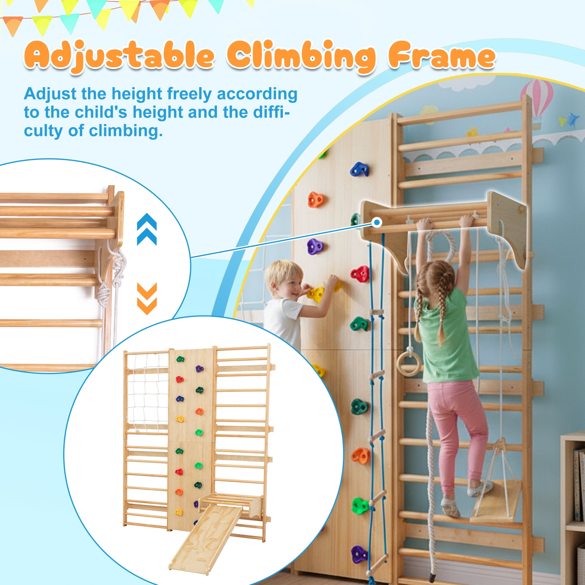 EUROCO 10-in-1 Wall-Mounted Wooden Playground Climbers, Indoor Jungle Gym for Kids, Ladder Wall Gym Set with Trapeze Swing, Rock Climbing Wall, Wooden Swings, Pull-up Bar and Rope Ladders