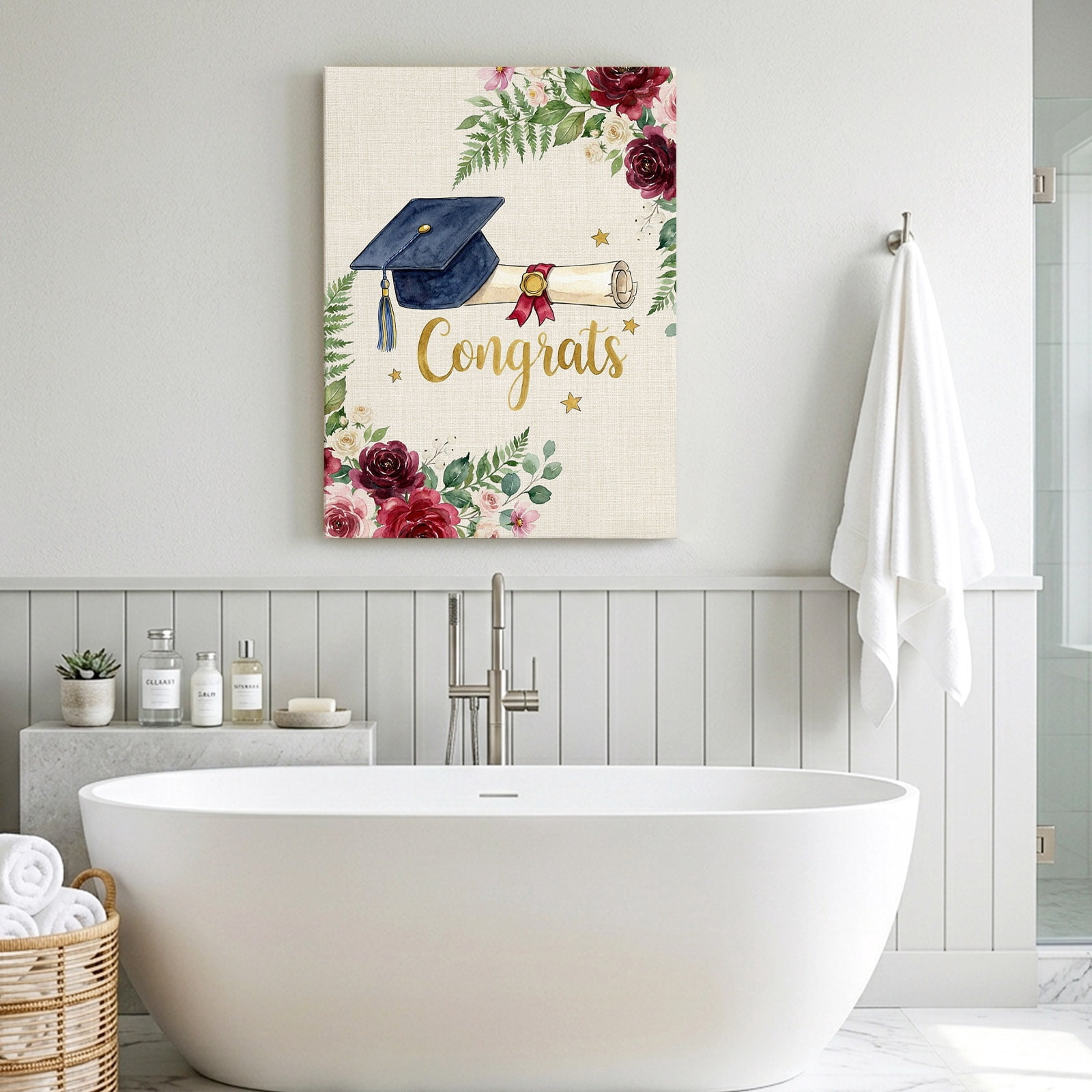 Graduate Season Canvas Wall Art for Living Room, Congrats Grad Bachelor's Cap Flower Leaf Star Wall Decor Framed Artwork Pictures Ready to Hang for Bedroom Office Home Decor