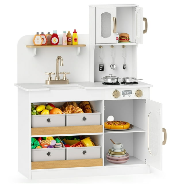 Patiojoy Play Kitchen for Kids with Storage, Wooden Toy Kitchen Set with 4 Storage Bins Cupboard Stovetops Sink and Faucet