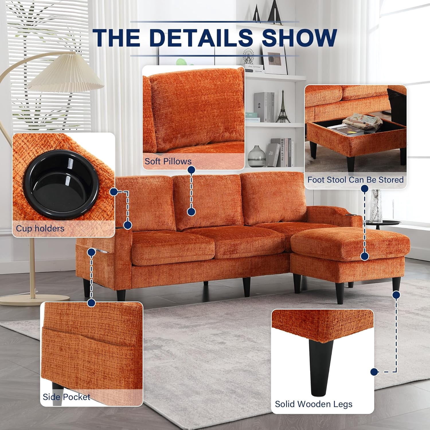 MOONMISS sofa 77.36" 3-seat, L -Shaped Sofa with Movable Ottoman for Living Room,Orange