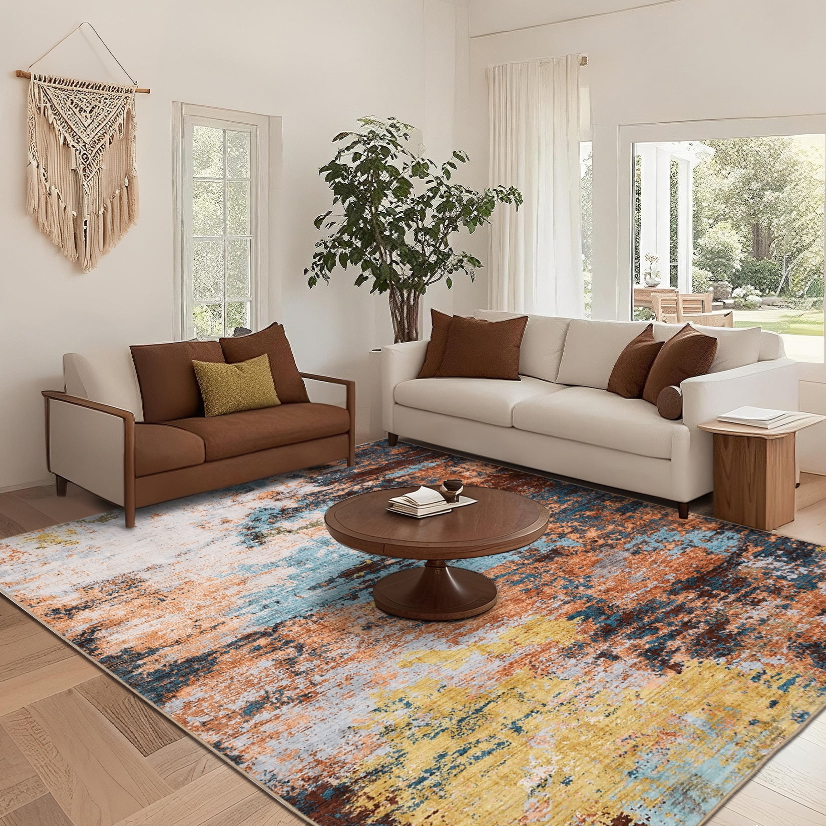 Garvee 6x9 Abstract Area Rugs Living Room Rug, Modern Washable Non-Slip Rugs Print Accent Carpet Stain-Resistant Low Pile Rug for Bedroom Dining Room Office Farmhouse, Yellow