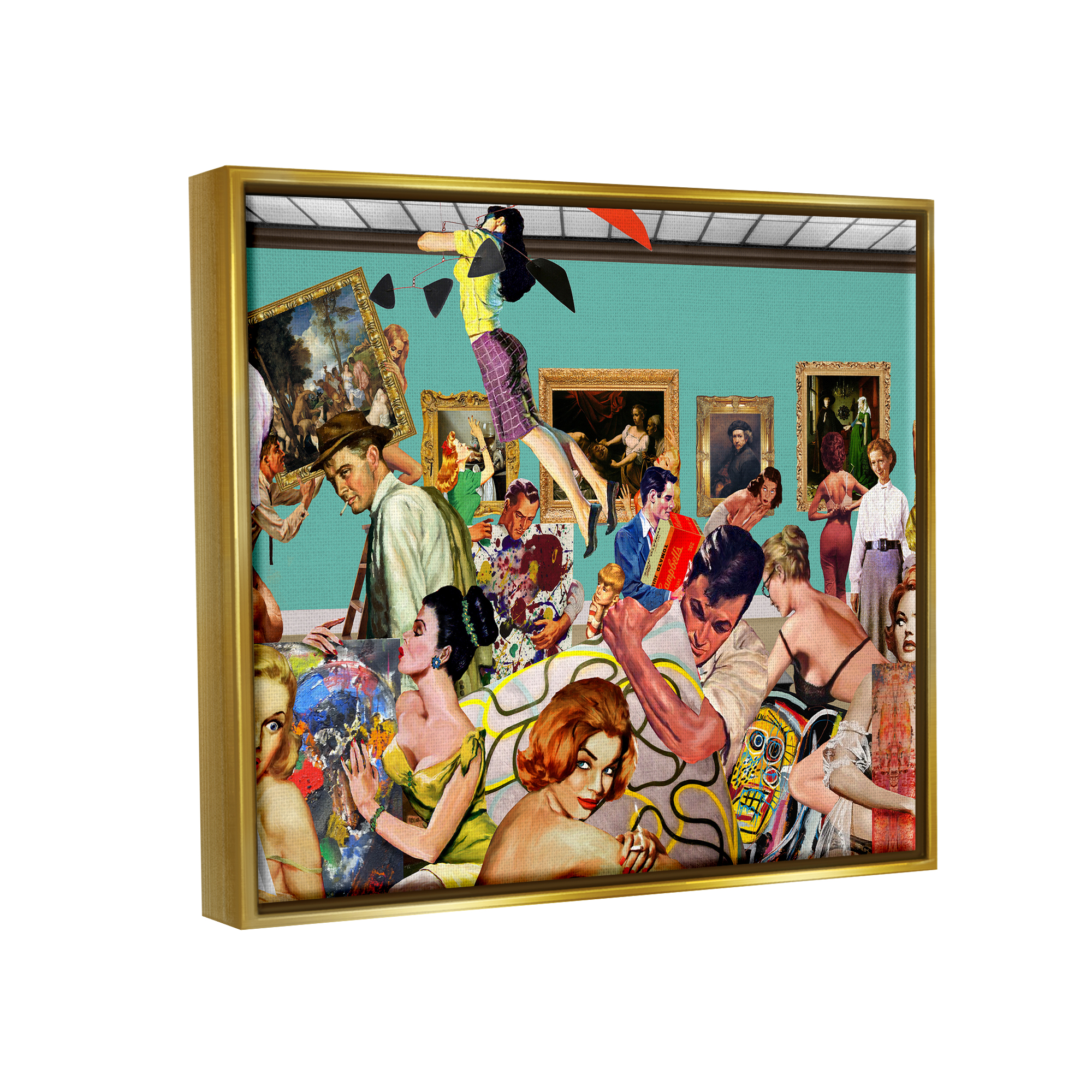 Stupell Industries Vintage People Collage Novelty Painting Gold Floater Framed Canvas Art Print Wall Art, 21 x 17