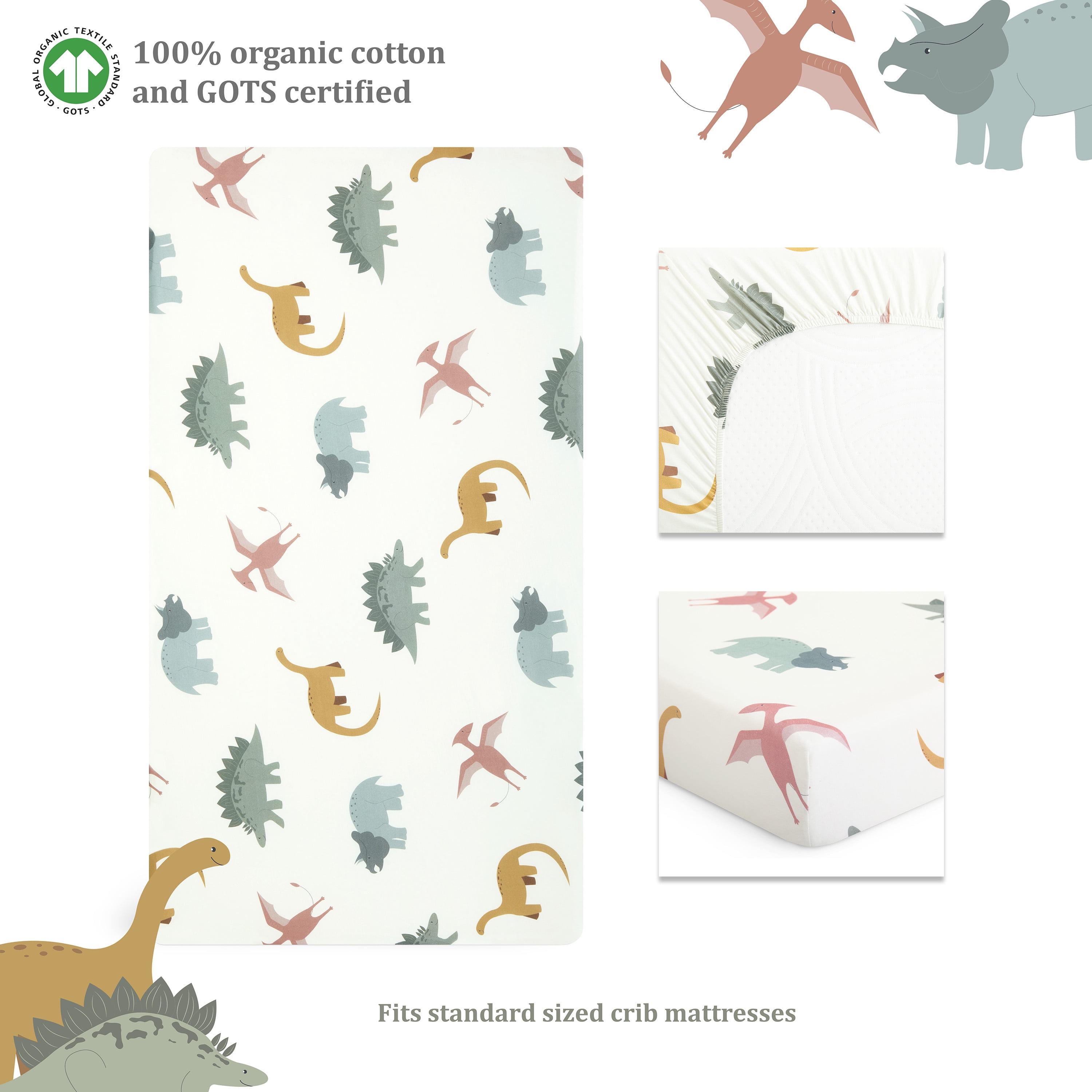 Evolur RawrSome Collection 3pc Crib Set (Fitted Sheet, Snuggle Sack, Crib Skirt) in Sage Green & Dinosaur Print
