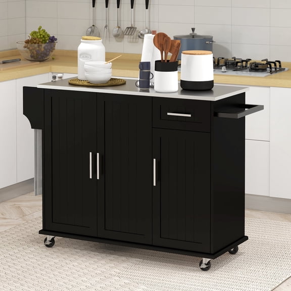 Xukmct Rolling Kitchen Island with 3 Cabinets and 1 Drawer, Stainless Steel Countertop Kitchen Island with Wheels and Spice Rack and Towel Rack, Black