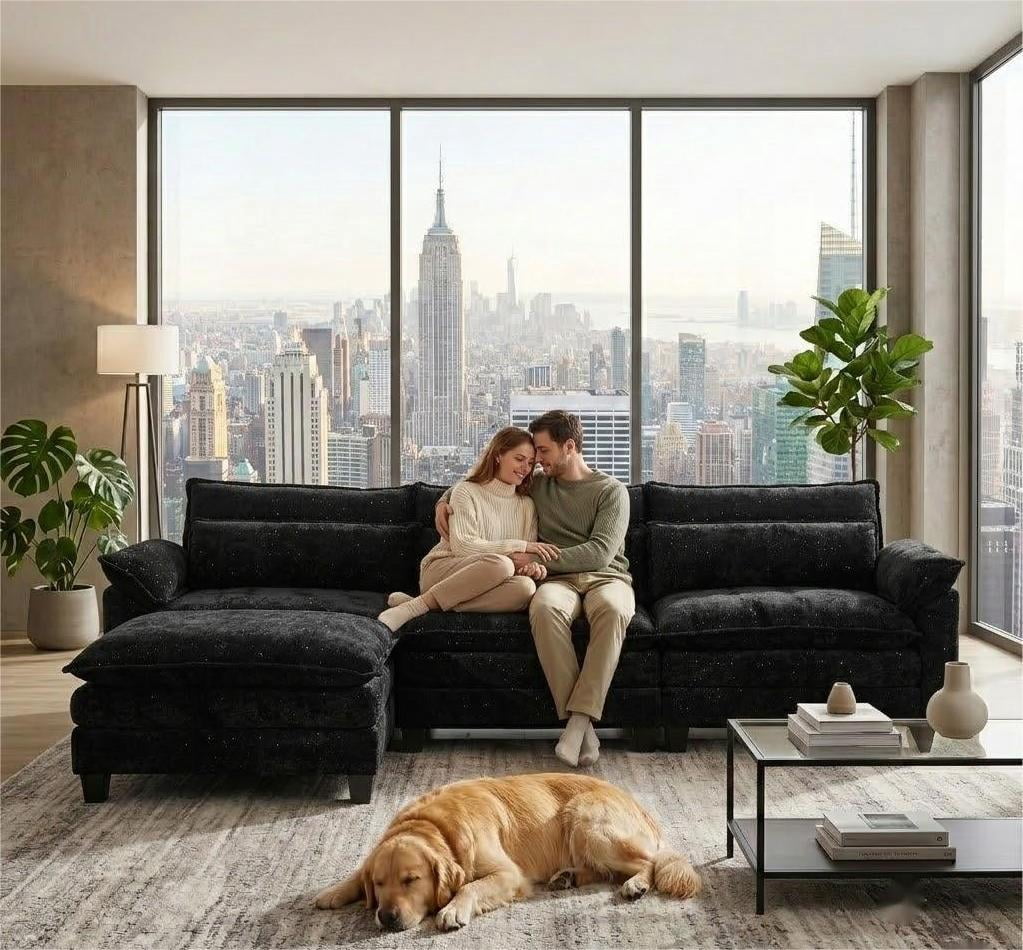 Avobird Cloud Couch Modular Sectional Sofa for Living Room, 113" L Shaped Convertible Couch Chenille Thick Cushion with Ottoman and USB Charging, Dual Cushions, Starry Black