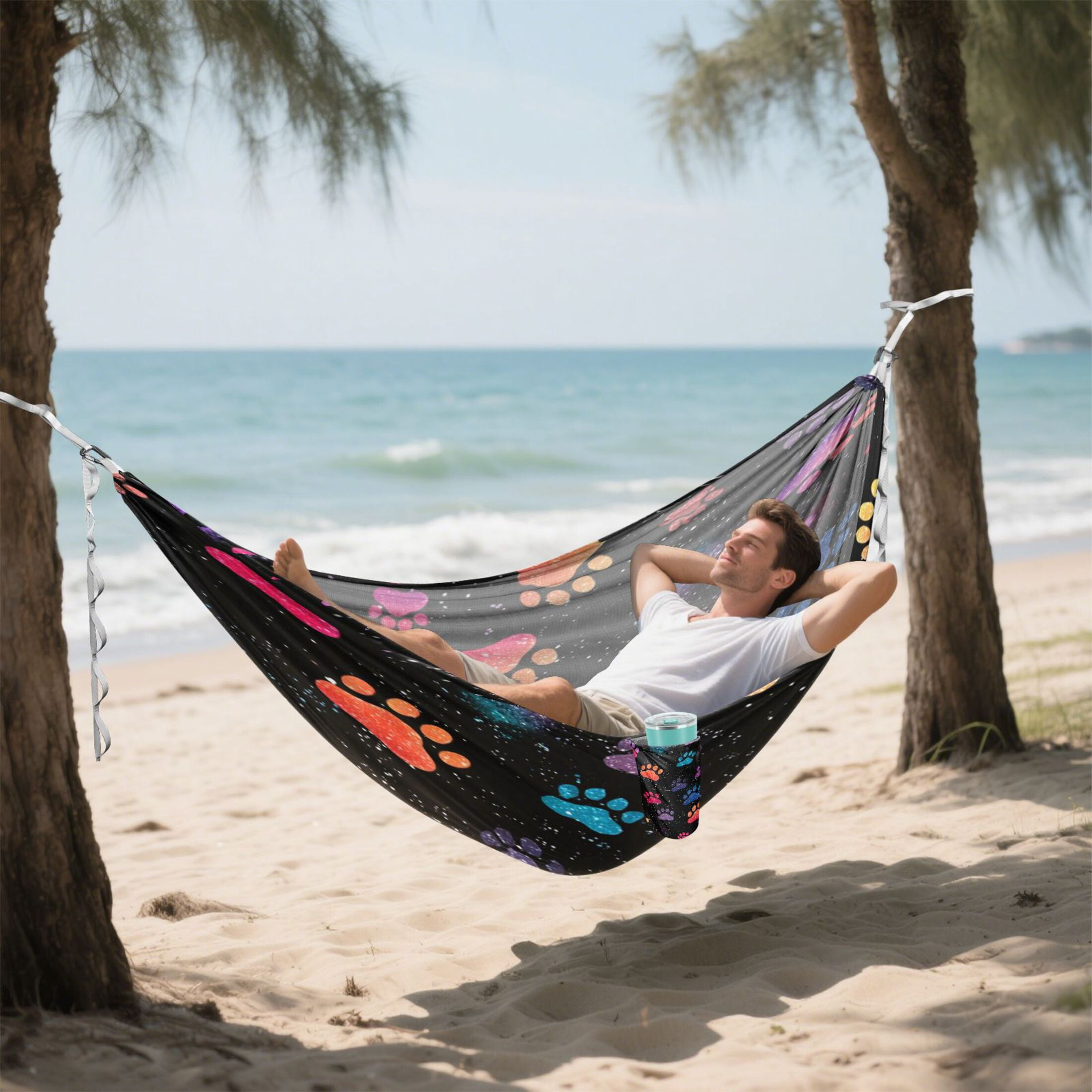 Hanging Hammock Portable Travel Camping For Outdooor Beach Camping Hiking Colorful Paw Print Pattern with A Galaxy Design