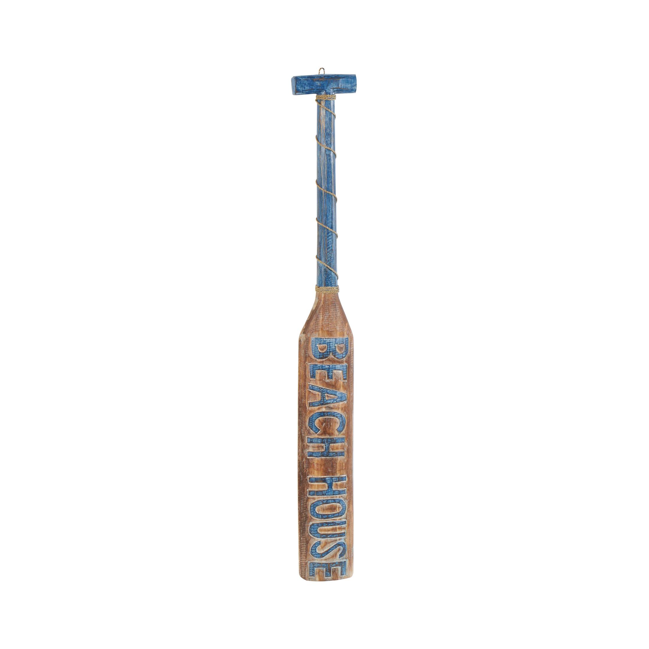 DecMode Brown Wood Beach House Sign Paddle Wall Decor with Blue Accents and Rope Detail
