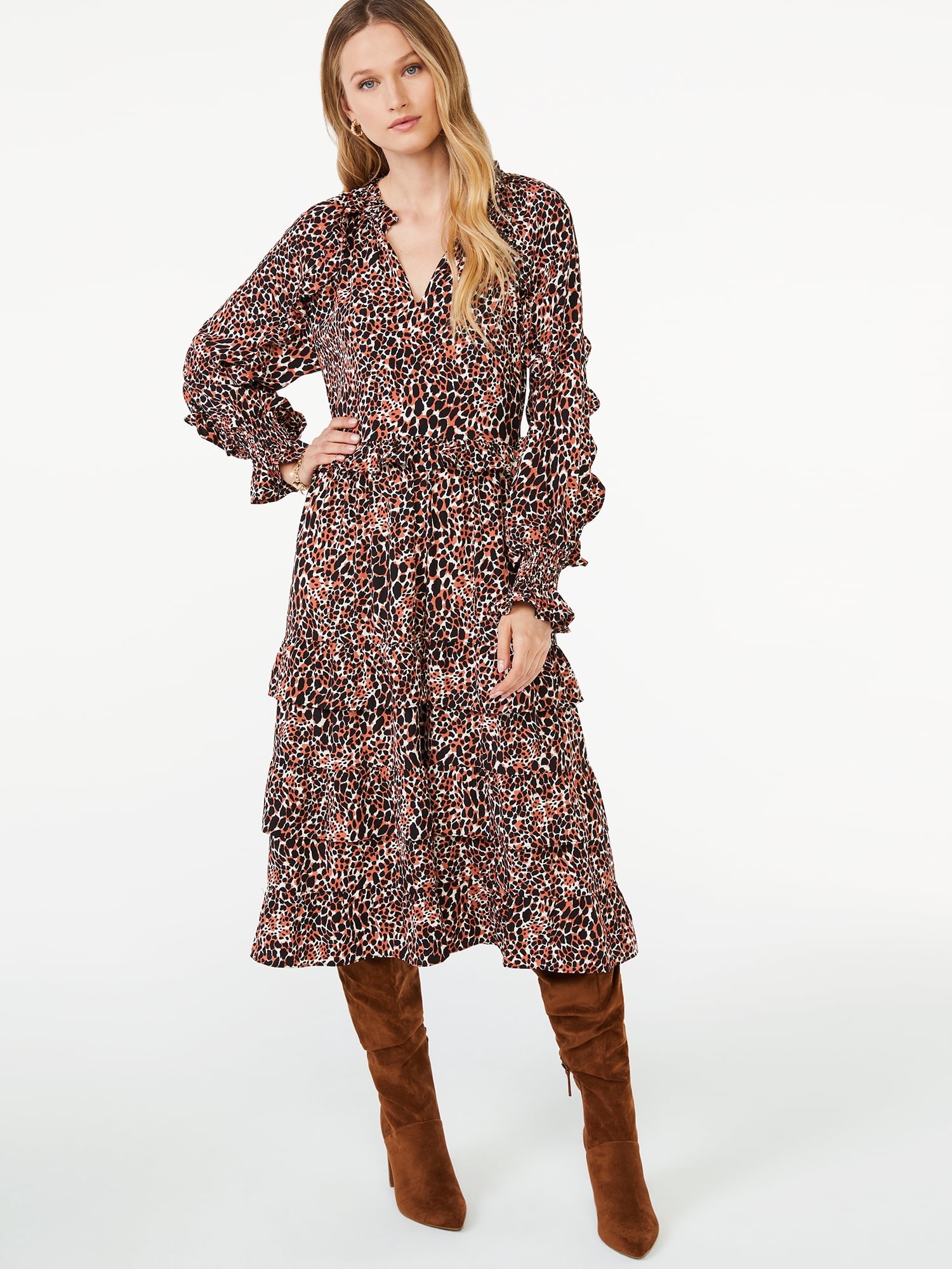 Tiered Midi Dress with Long Sleeves 