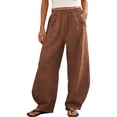 thumbnail image 2 of Pants for Women Sweat Pants Ladies' Loose Casual Solid Color Linen Elastic Waistband Pocket Pants Long Pants Coffee Xxl, 2 of 9