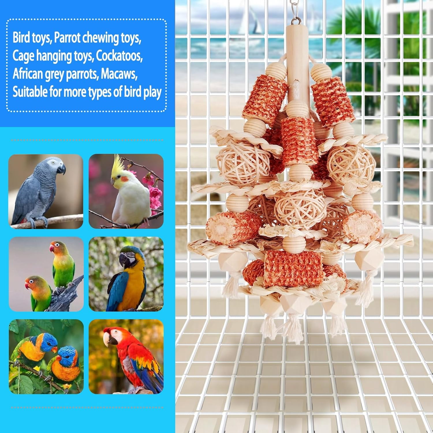Bird Toys, Natural Corn Stick Parrot Toys Hanging in Bird Cages for Macaws, African Grey, Cockatoos, Cockatiel, Sun Conure, Amazon Parrots
