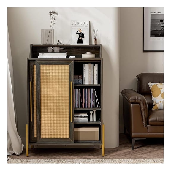 Storage Cabinet, Buffet Sideboard with Rattan Sliding Doors and Adjustable Shelf, Shoe Rack for Entryway, Sideboard Cabinet Accent Cabinet for Living Room and Bathroom - Dana(Brown)