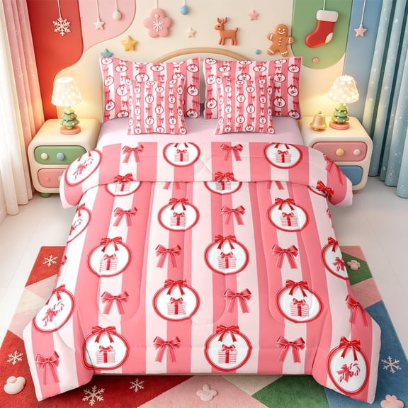 Manfei Vintage Christmas Snowman 7-Piece Twin Bedding,Merry Xmas Bedding Comforter Set,Pink Reversible