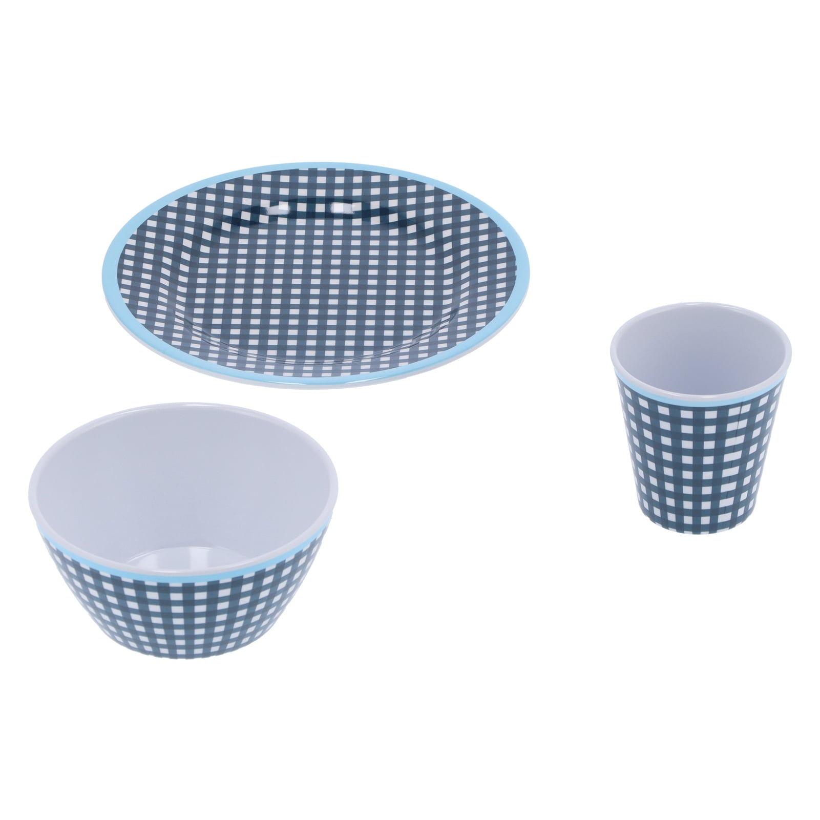 YAHHU 12-Piece Melamine Tableware Set, Dark Blue Grid Pattern Dinnerware Dishes Includes 4 Cups, 4 Bowls, and 4 Plates for Home Kitchen Restaurant Daily Use, Service for 4, Lightweight