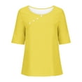 thumbnail image 4 of Lovskoo Linen Summer Tops for Women 2024 Round Neck Short Sleeve Solid Color Casual Linen Knot Button Top Yellow, 4 of 6