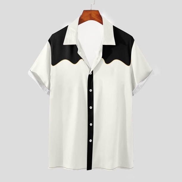 Playeras Elvqul para Caballero Blanco Casual Elástica Manga Corta con Estampado de Bloques de Color Solapa Botones