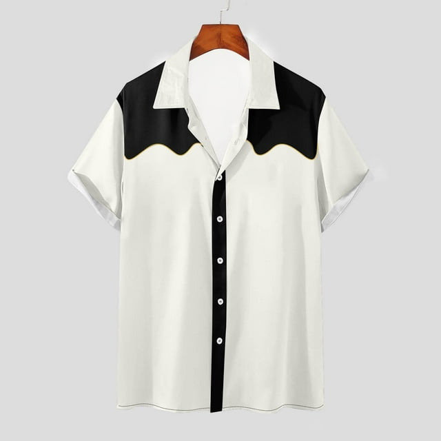 Playeras Elvqul de Caballero Blanco Economicas Elástica Manga Corta de Bloques de Color Solapa Botones