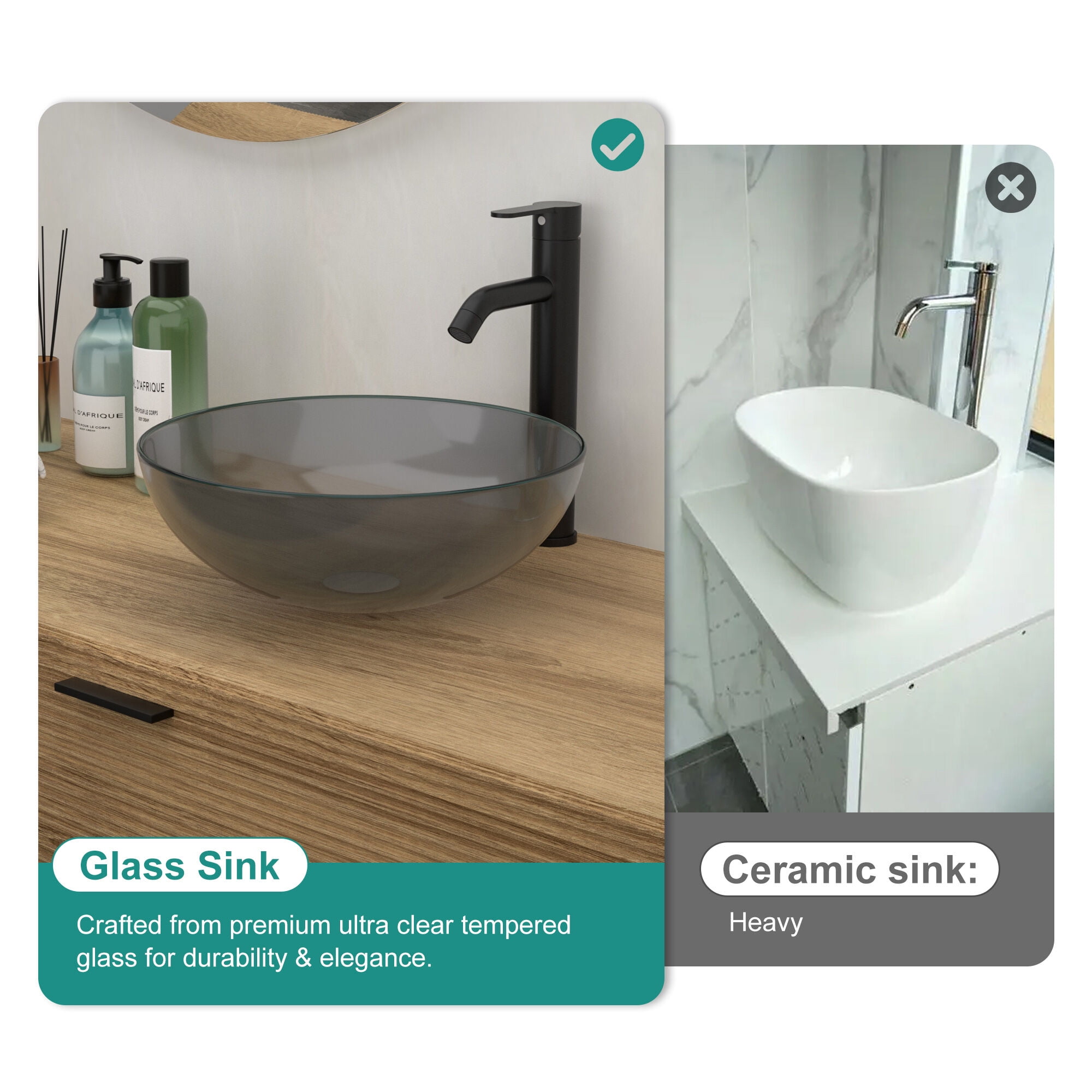 Bathroom Artistic Tempered Glass Vessel Bathroom Sink with Pop-Up Drain,Grey,Grey Tempered Glass Bath Faucets Bathroom Vanities