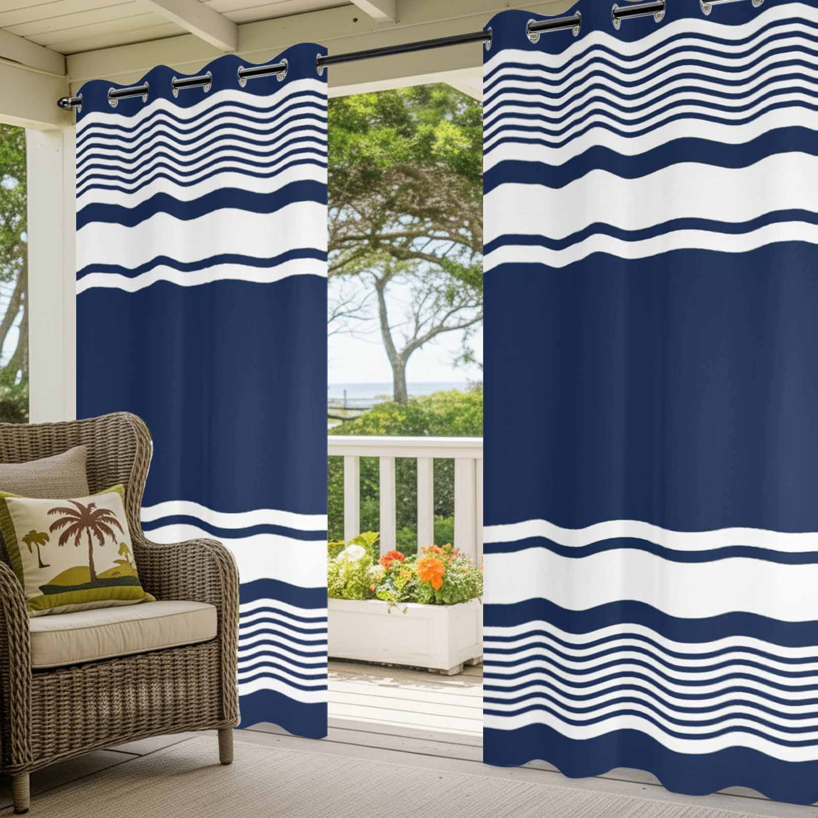 Navy Sage Striped Outdoor Curtains for Patio, Modern Classic Stripe Rustic Country Farmhouse Sunshade Privacy Drapes Grommet Waterproof Outside Curtains for Porch/Cabana/Balcony 54"x 95", 2 Panel
