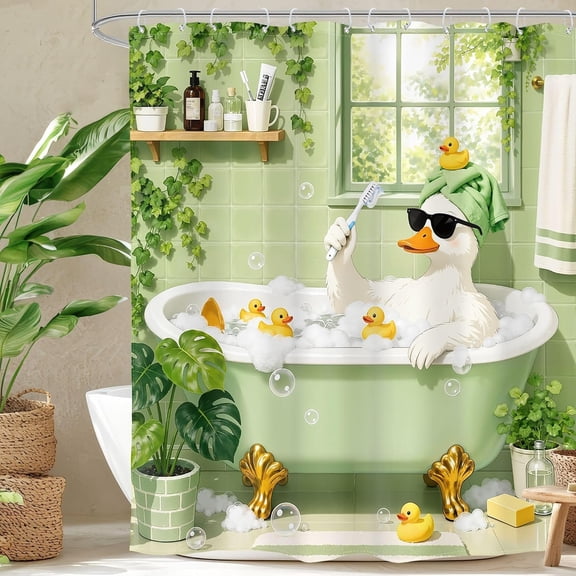 Cute Duck Shower Curtain Green Plant Bathroom Decor with Hooks 71x71 inches
