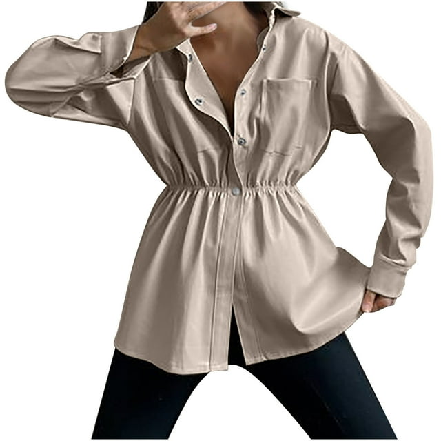 IROINID Veste en Similicuir pour Femme à Manches Longues, Manteau Uni, Robe Décontractée à Col Rabattu avec Boutons, Blouse d'Automne