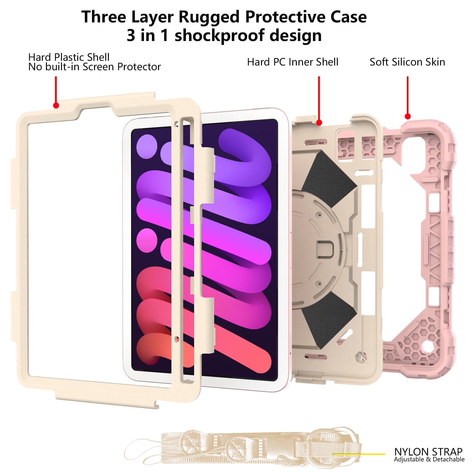 Case for iPad Mini 6 2021 8.3-inch, Kids Shockproof Rugged Hybrid 360 Rotating Stand Cover with Hand Shoulder Strap/Pencil Holder