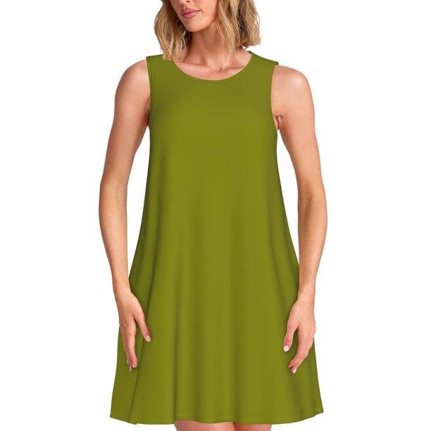 Fotbe Olive Vestido de Verano sin Mangas para Mujer – Vestido Midi Línea A, Estilo Camiseta Floral, Vestido Playero Casual y Fluido