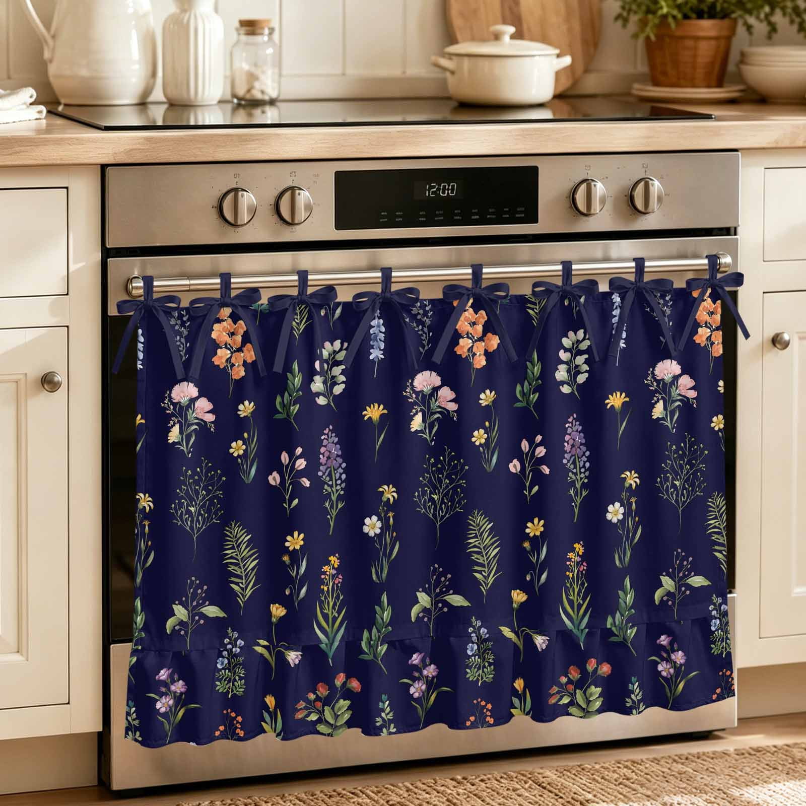 Oven Skirt Curtain for Kitchen 20x27 Inch Navy Blue Botanical Wildflowers Oven Curtain with 8 Ribbon Ties & Ruffle Trim Stove Skirt Curtain Dishwasher for Cabinets Over Sinks Rustic Floral