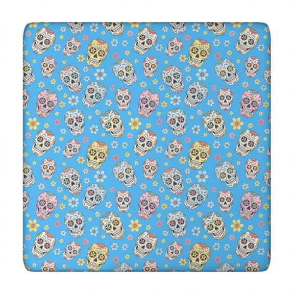 Blue Skull Floral Pattern Square Fitted Tablecloth with Elastic Edge,Square Table Cover,Washable Elastic Table Cover for Home Kitchen Party Decor 34"x34"