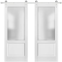 Sliding Double Barn Doors with Hardware | Lucia 22 White Silk with Frosted Opaque Glass | 13FT Rail Sturdy Set |Interior Door-48" x 84" (2* 24x84)-Silver Rail-Frosted Glass