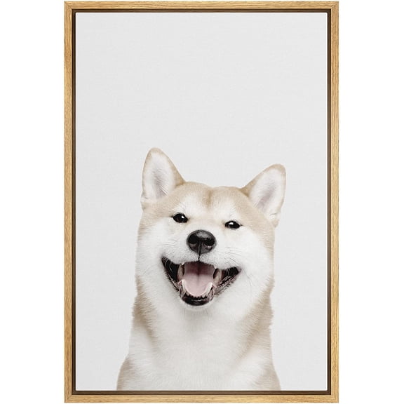 PixonSign Framed Canvas Print Wall Art Shiba Inu Dog Portrai on Gray Backgroundt Animals Wildlife Photography Minimalism Modern Closeup Cool for Living Room, Bedroom, Office - 24"x36" Natural