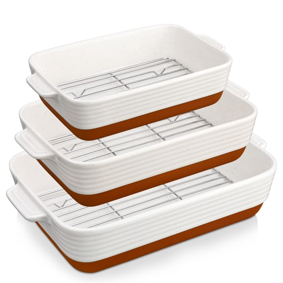Casserole Dishes For Oven With Roasting Racks  Ceramic Baking Set Of 3 Pan Dish Rectangular Lasagna Deep Handles Khaki White (14.5''/13''/10.5'') Series Tara