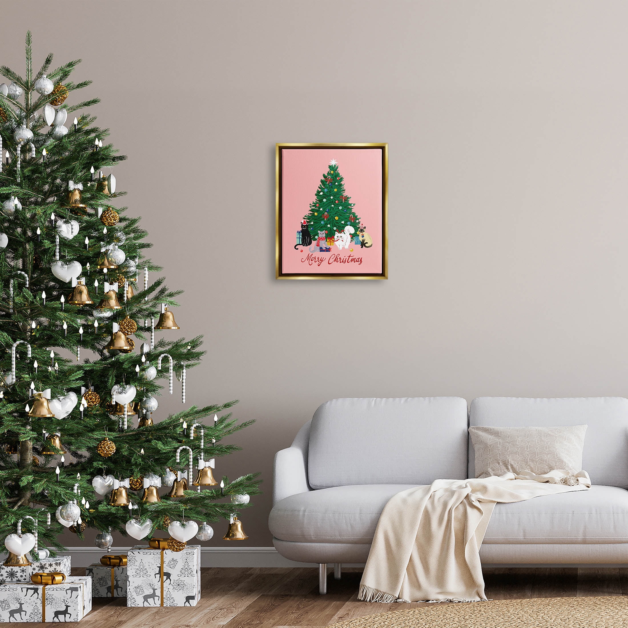 Merry Christmas Holiday Cats Holiday Graphic Art Metallic Gold Framed Art Print Wall Art