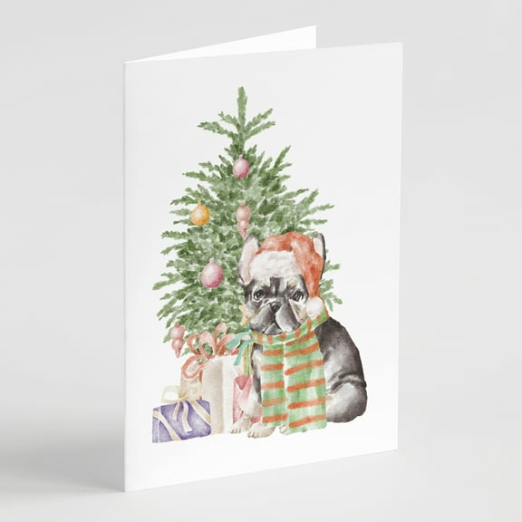 Carolines Treasures CK8185GCA7P French Bulldog Black Design2 Christmas Presents and Tree Greeting Cards and Envelopes