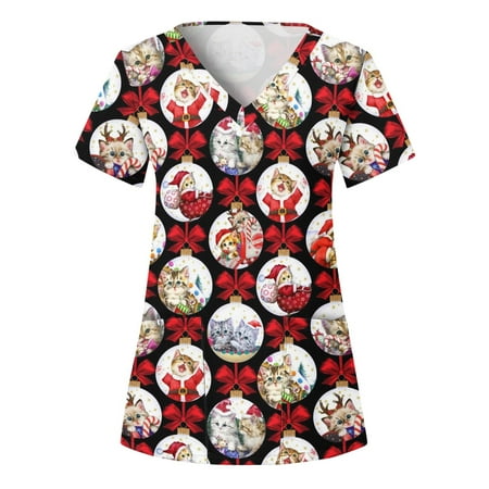 

Zeceouar Ugly Christmas Scrubs for Women Womens Christmas Short Sleeve Scrubs Tops Xmas Hoilday Professional Medical Nursing Uniform Pockets Blouse on Clearance