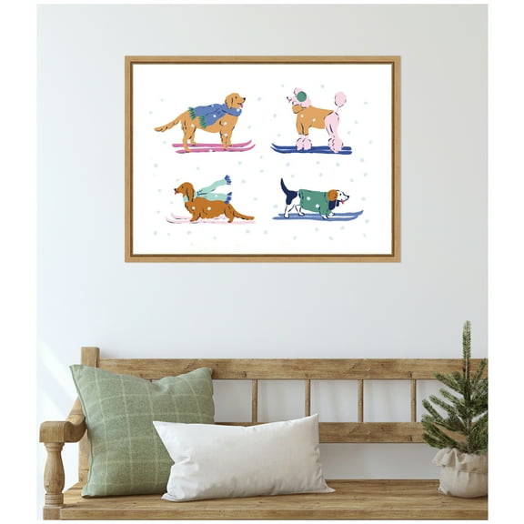 Kate and Laurel Framed Canvas Wall Art Print 'Ski Dogs 1' by Krissy Mast, 24 x 18 Sylvie Natural Frame, Whimsical, Animal Art for Wall Decor